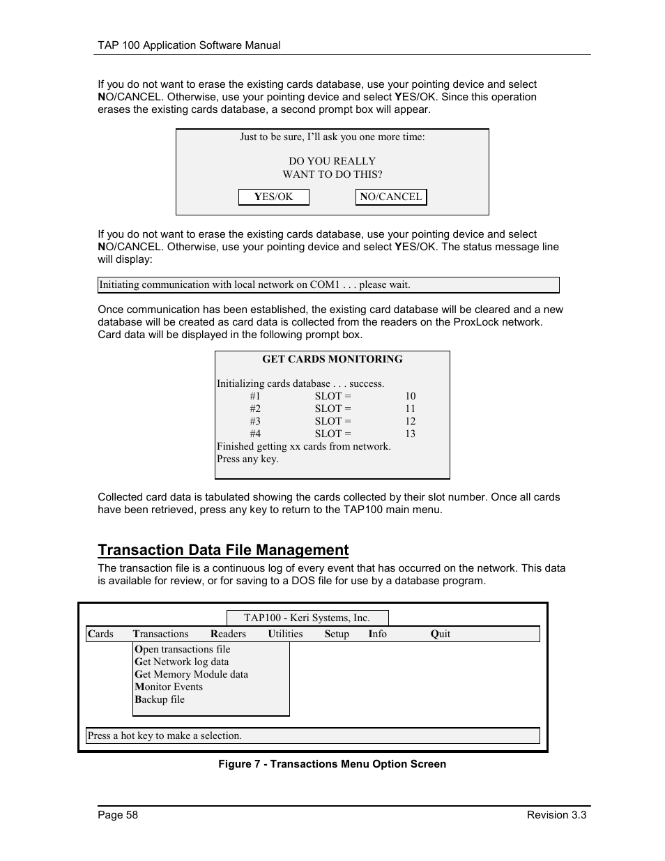 Transaction data file management, Figure 7 - transactions menu option screen | Keri Systems TAP100 User Manual | Page 58 / 84