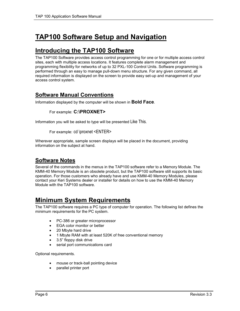 Tap100 software setup and navigation, Introducing the tap100 software, Software manual conventions | Software notes, Minimum system requirements | Keri Systems TAP100 User Manual | Page 6 / 84