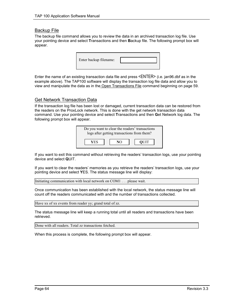 Backup file, Get network transaction data | Keri Systems TAP100 User Manual | Page 64 / 84