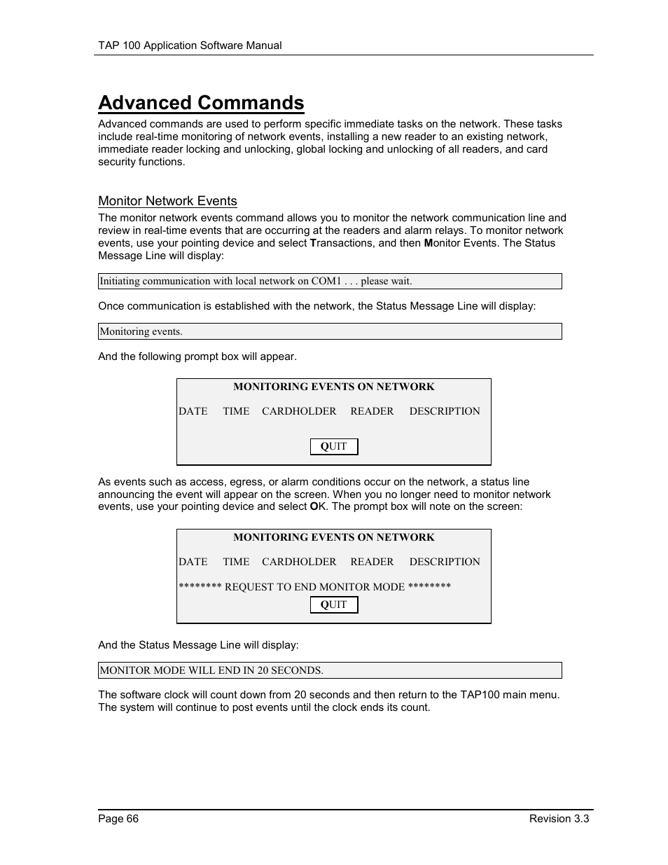 Advanced commands, Monitor network events | Keri Systems TAP100 User Manual | Page 66 / 84