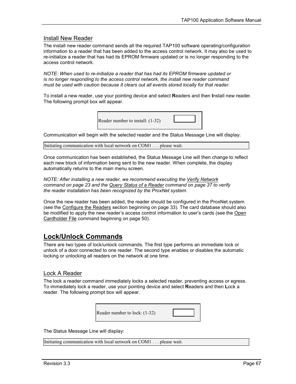 Install new reader, Lock/unlock commands, Lock a reader | Keri Systems TAP100 User Manual | Page 67 / 84