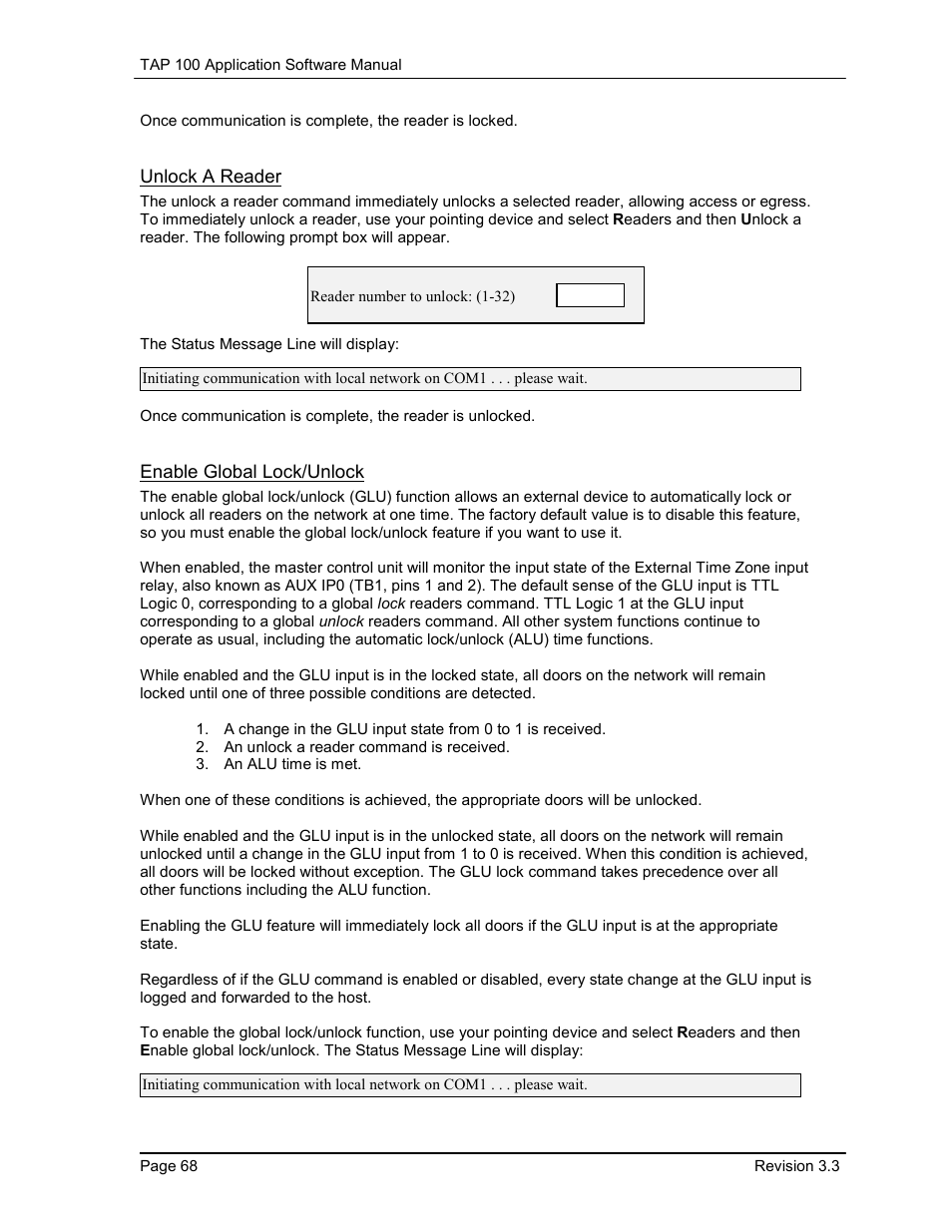 Unlock a reader, Enable global lock/unlock | Keri Systems TAP100 User Manual | Page 68 / 84