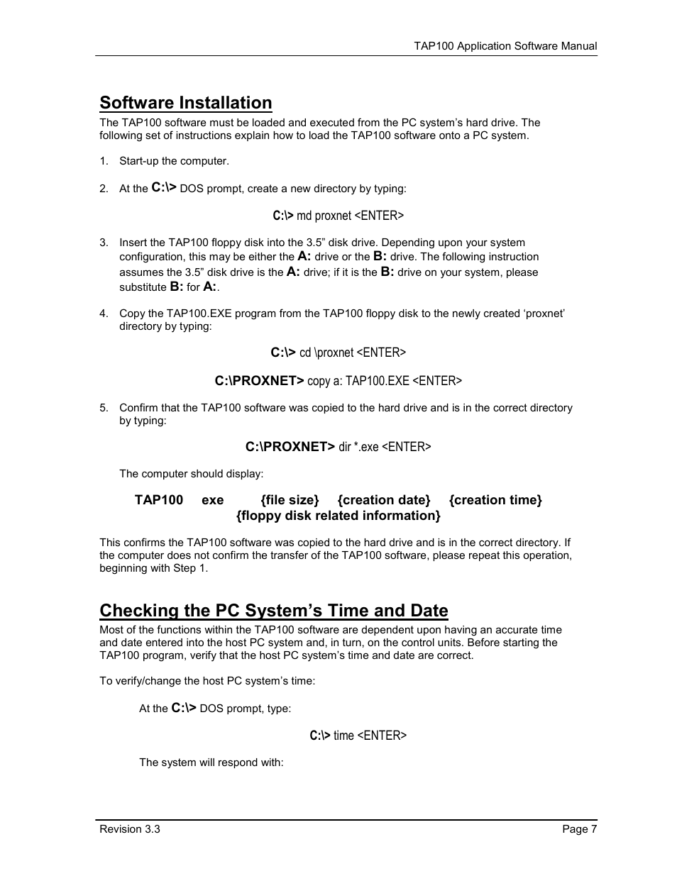 Software installation, Checking the pc system’s time and date | Keri Systems TAP100 User Manual | Page 7 / 84