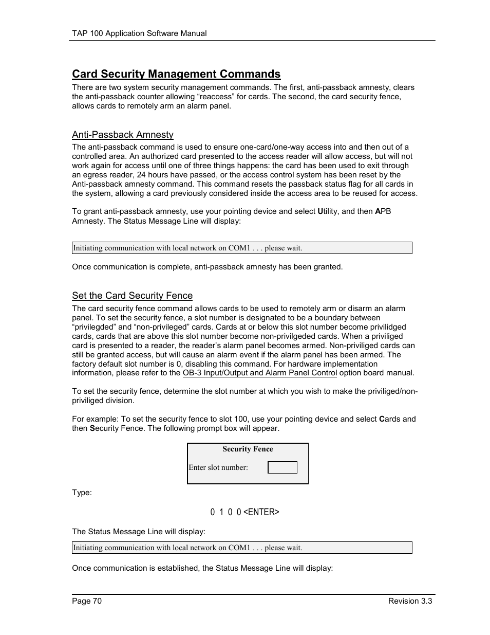 Card security management commands, Anti-passback amnesty, Set the card security fence | Keri Systems TAP100 User Manual | Page 70 / 84