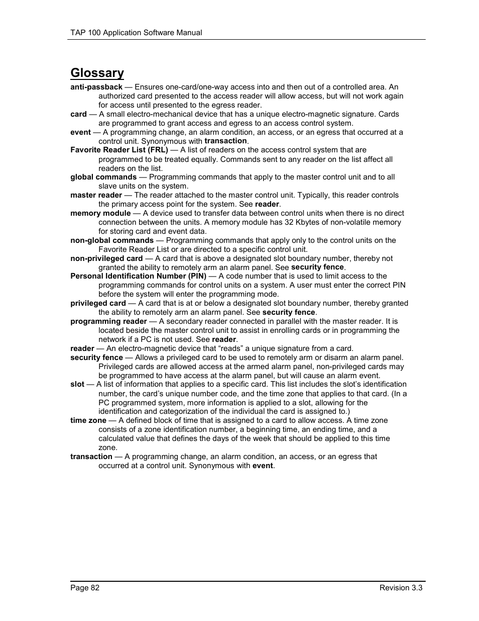Glossary | Keri Systems TAP100 User Manual | Page 82 / 84