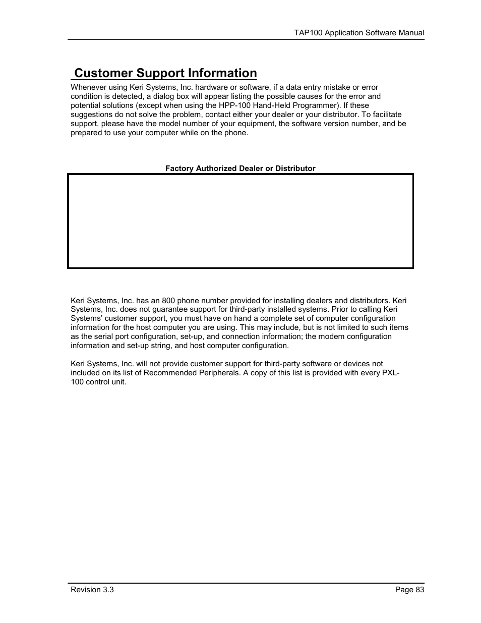 Customer support information | Keri Systems TAP100 User Manual | Page 83 / 84