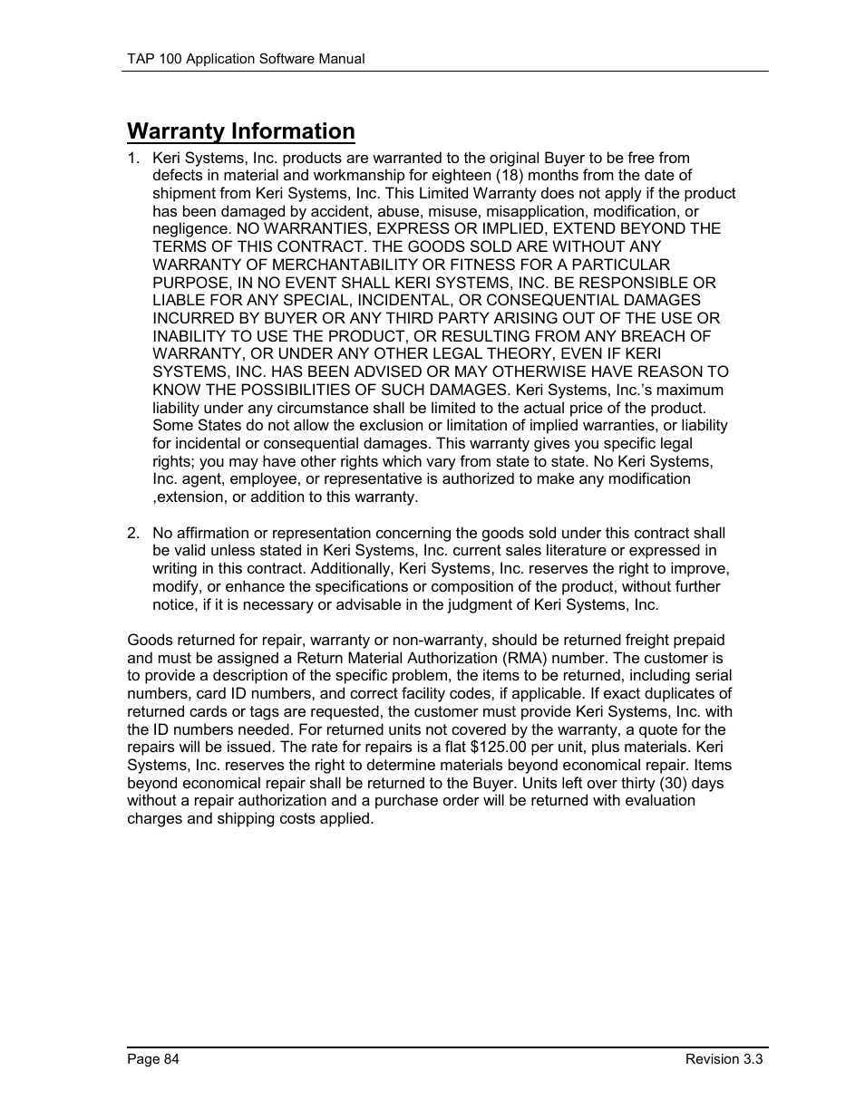 Warranty information | Keri Systems TAP100 User Manual | Page 84 / 84