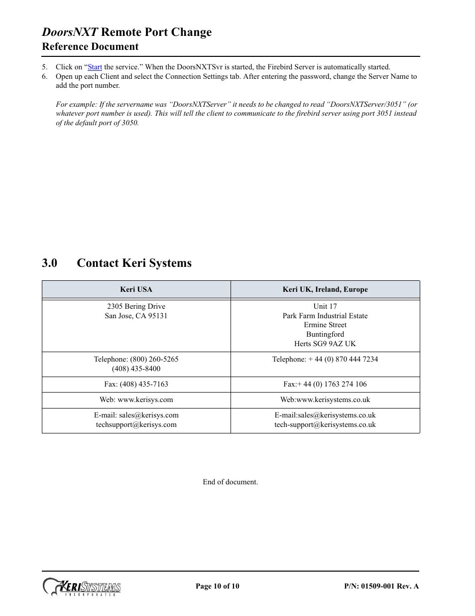 0 contact keri systems, Doorsnxt remote port change, Reference document | Keri Systems DoorsNXT Remote Port Change User Manual | Page 10 / 10