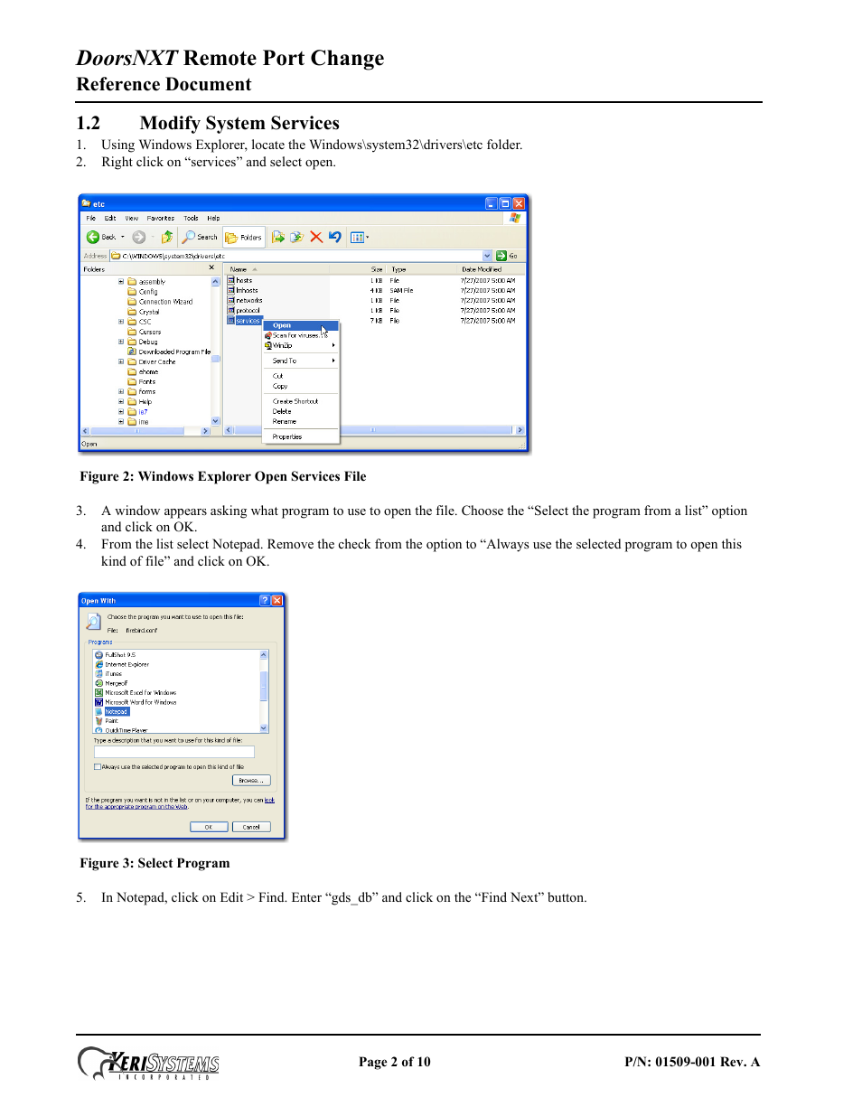 2 modify system services, Doorsnxt remote port change, Reference document | Keri Systems DoorsNXT Remote Port Change User Manual | Page 2 / 10