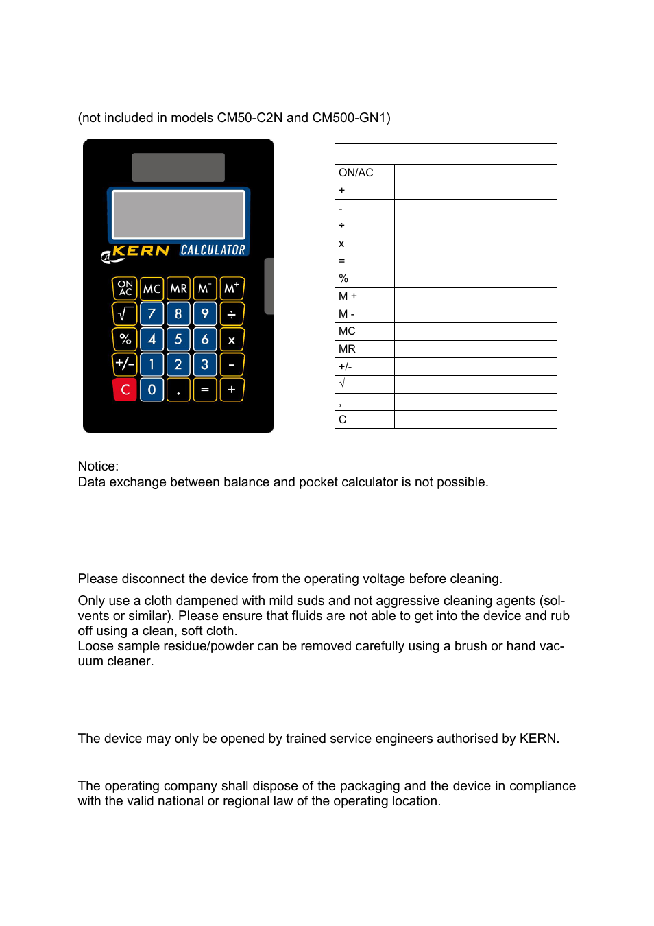 6 calculator, 8 maintenance, upkeep, disposal, 1 cleaning | 2 maintenance, upkeep, 3 disposal | KERN & SOHN CM 50-C2N User Manual | Page 13 / 14