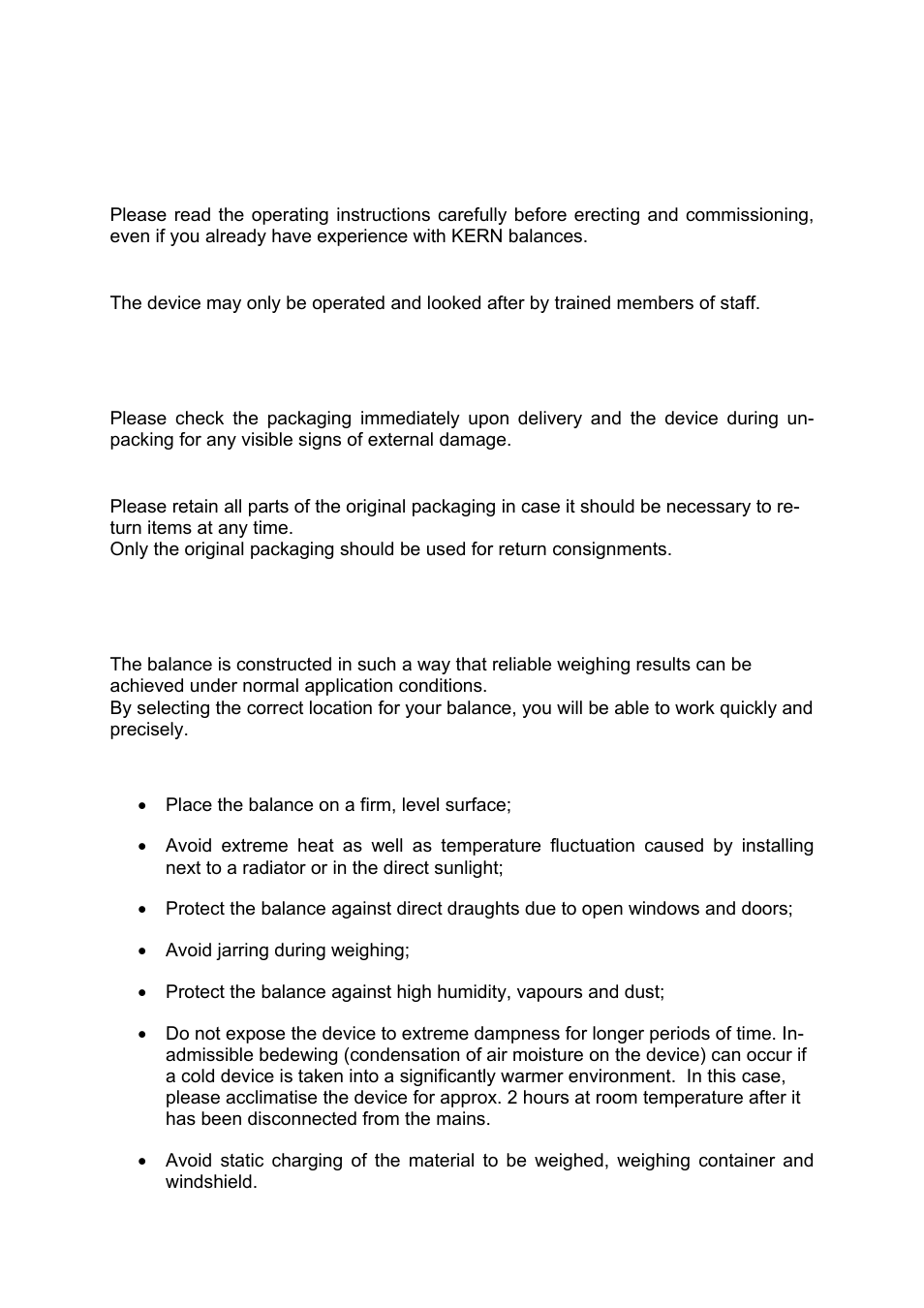 4 fundamental safety information, 2 staff training, 5 transport and storage | 1 acceptance check, 2 packaging, 6 unpacking, installation and commissioning, 1 place of installation, place of use | KERN & SOHN CM 50-C2N User Manual | Page 6 / 14