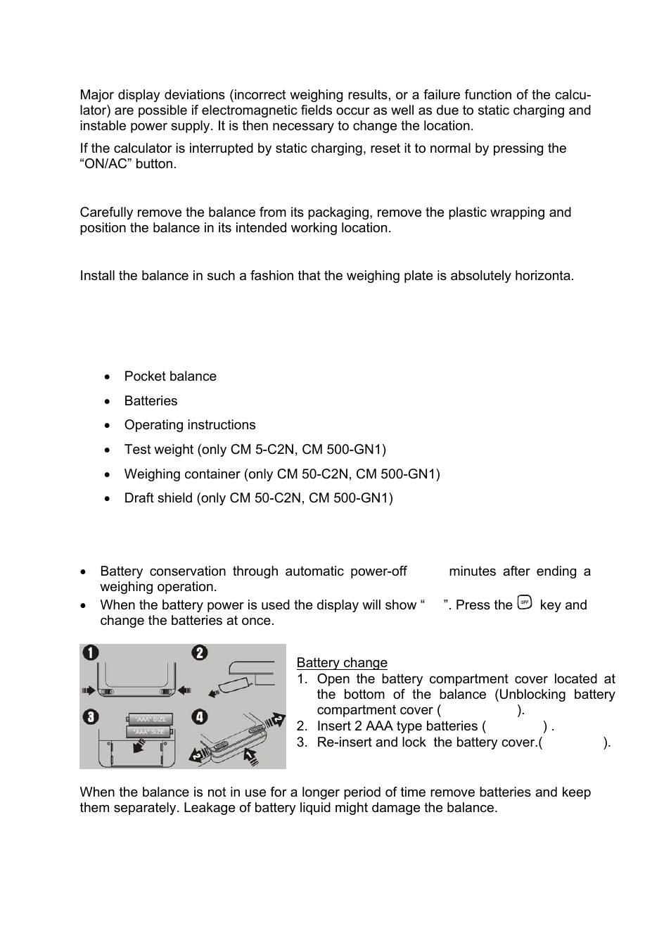 2 unpacking, 1 installation, 2 list of items supplied | 3 battery operation and change | KERN & SOHN CM 50-C2N User Manual | Page 7 / 14