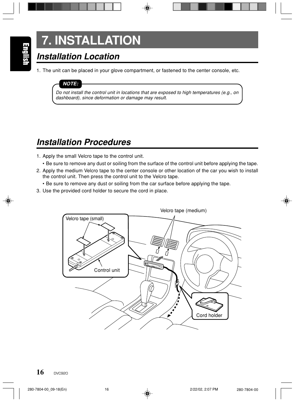 Installation, Installation location, Installation procedures | Clarion DVC920 User Manual | Page 12 / 68