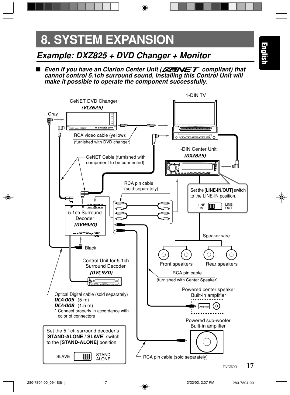 System expansion, Example: dxz825 + dvd changer + monitor | Clarion DVC920 User Manual | Page 13 / 68