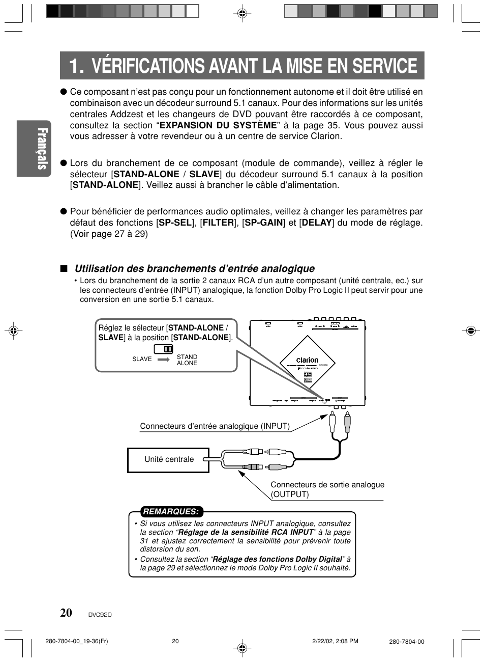 Vérifications avant la mise en service, Utilisation des branchements d’entrée analogique | Clarion DVC920 User Manual | Page 16 / 68