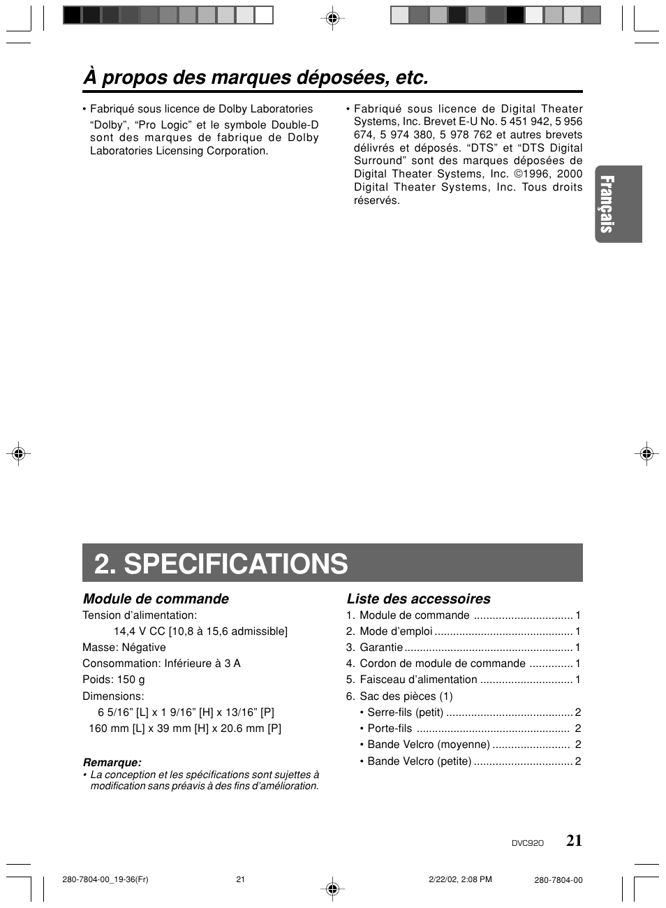 Specifications, À propos des marques déposées, etc, Module de commande | Liste des accessoires | Clarion DVC920 User Manual | Page 17 / 68