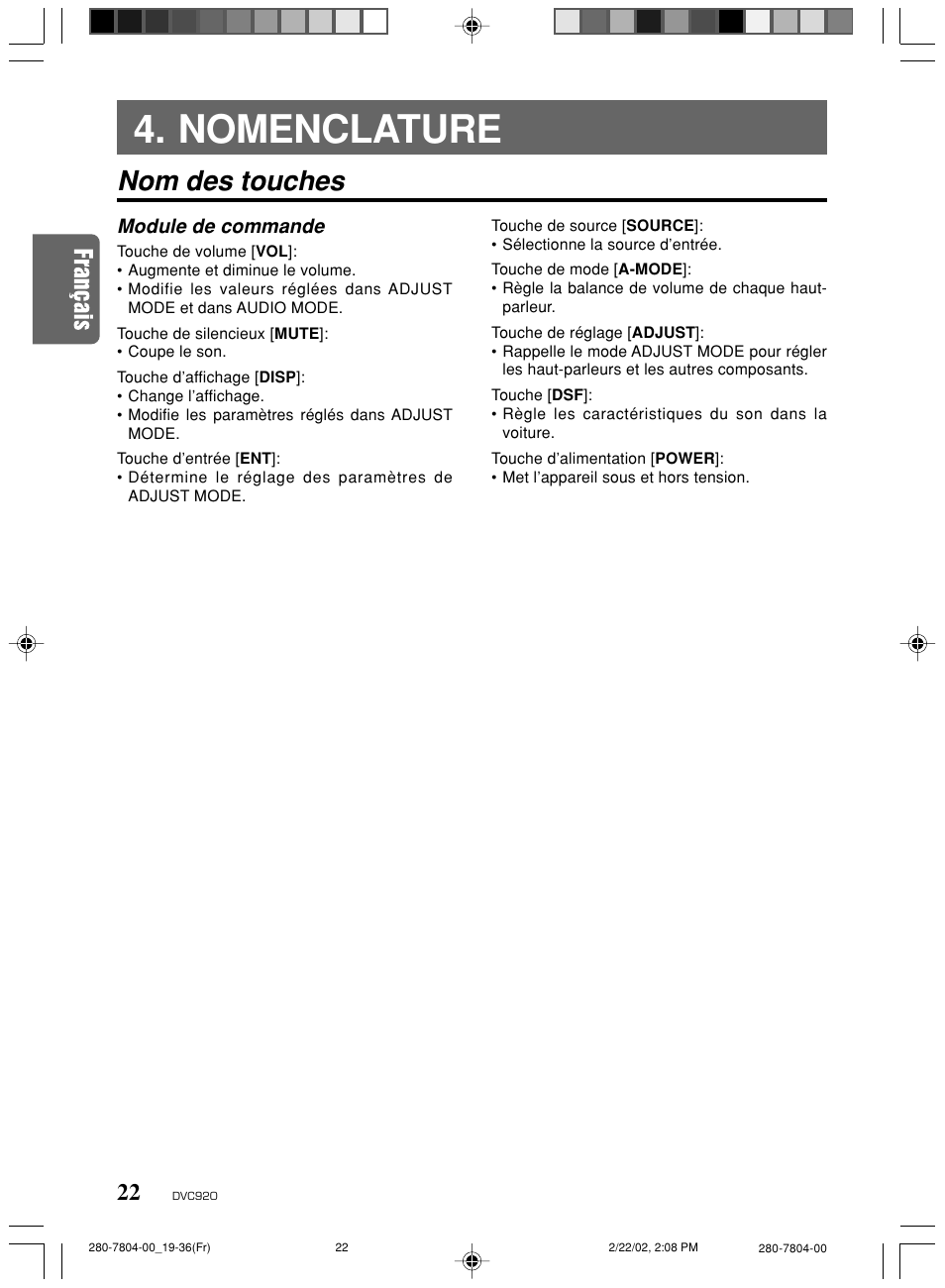 Nomenclature, Nom des touches, Module de commande | Clarion DVC920 User Manual | Page 18 / 68