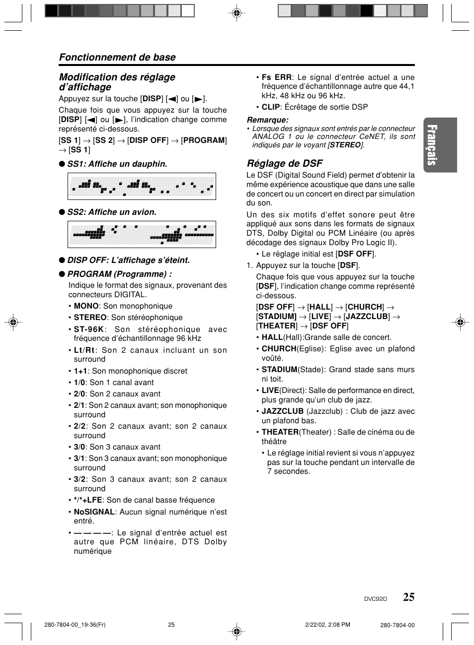 Fonctionnement de base, Réglage de dsf, Modification des réglage d’affichage | Clarion DVC920 User Manual | Page 21 / 68