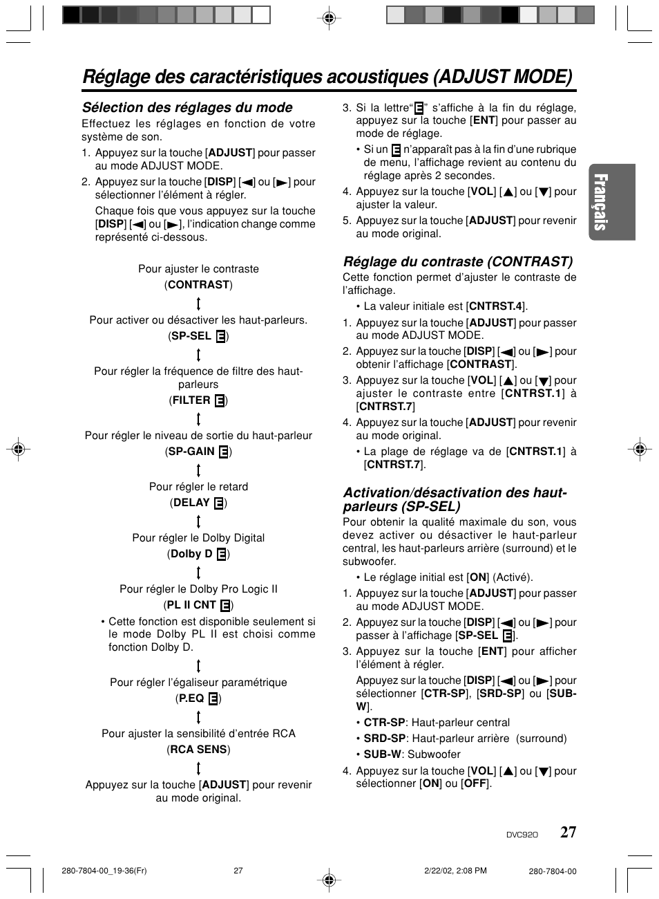 Réglage du contraste (contrast), Sélection des réglages du mode | Clarion DVC920 User Manual | Page 23 / 68