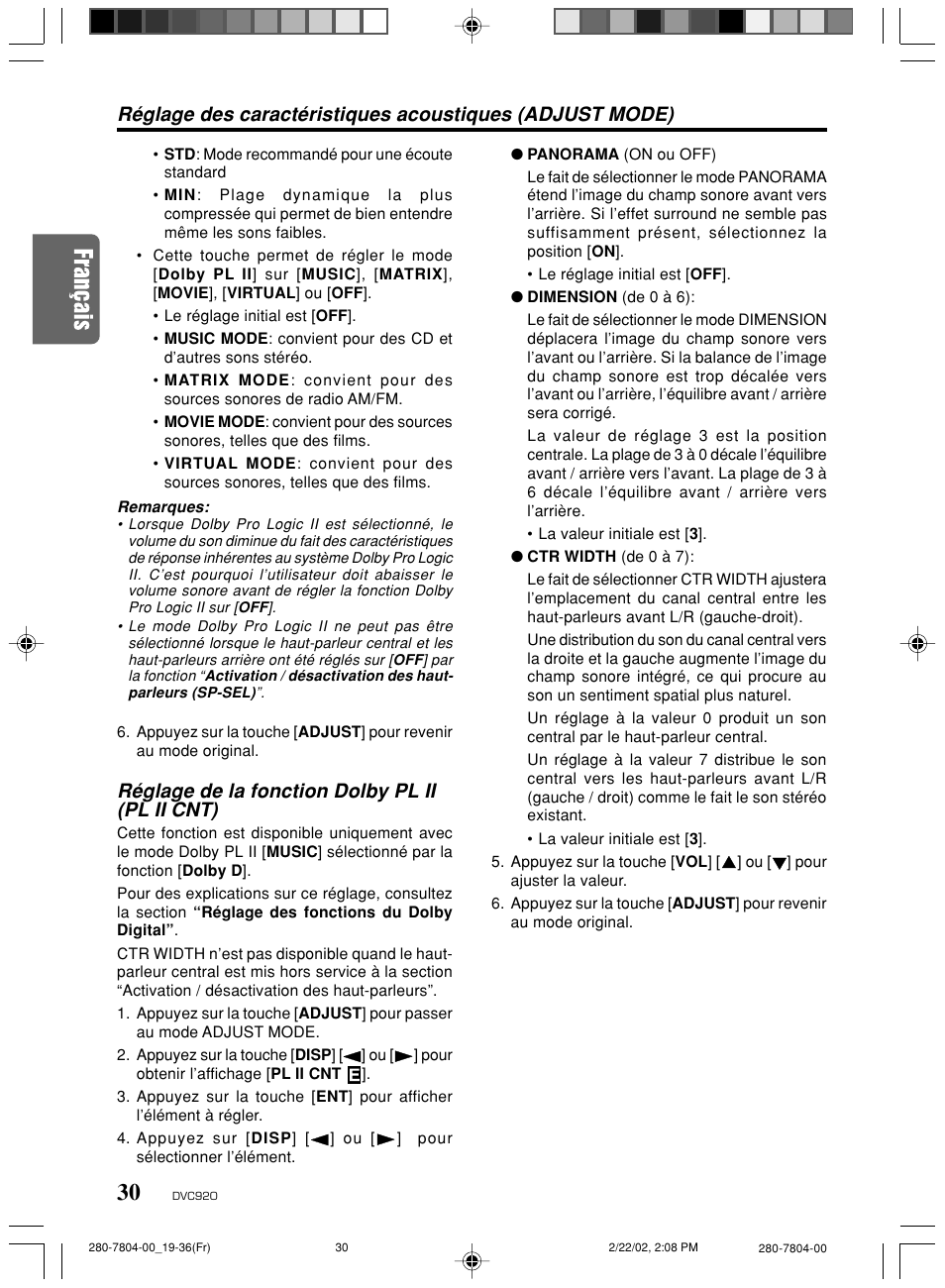 Réglage de la fonction dolby pl ii (pl ii cnt) | Clarion DVC920 User Manual | Page 26 / 68