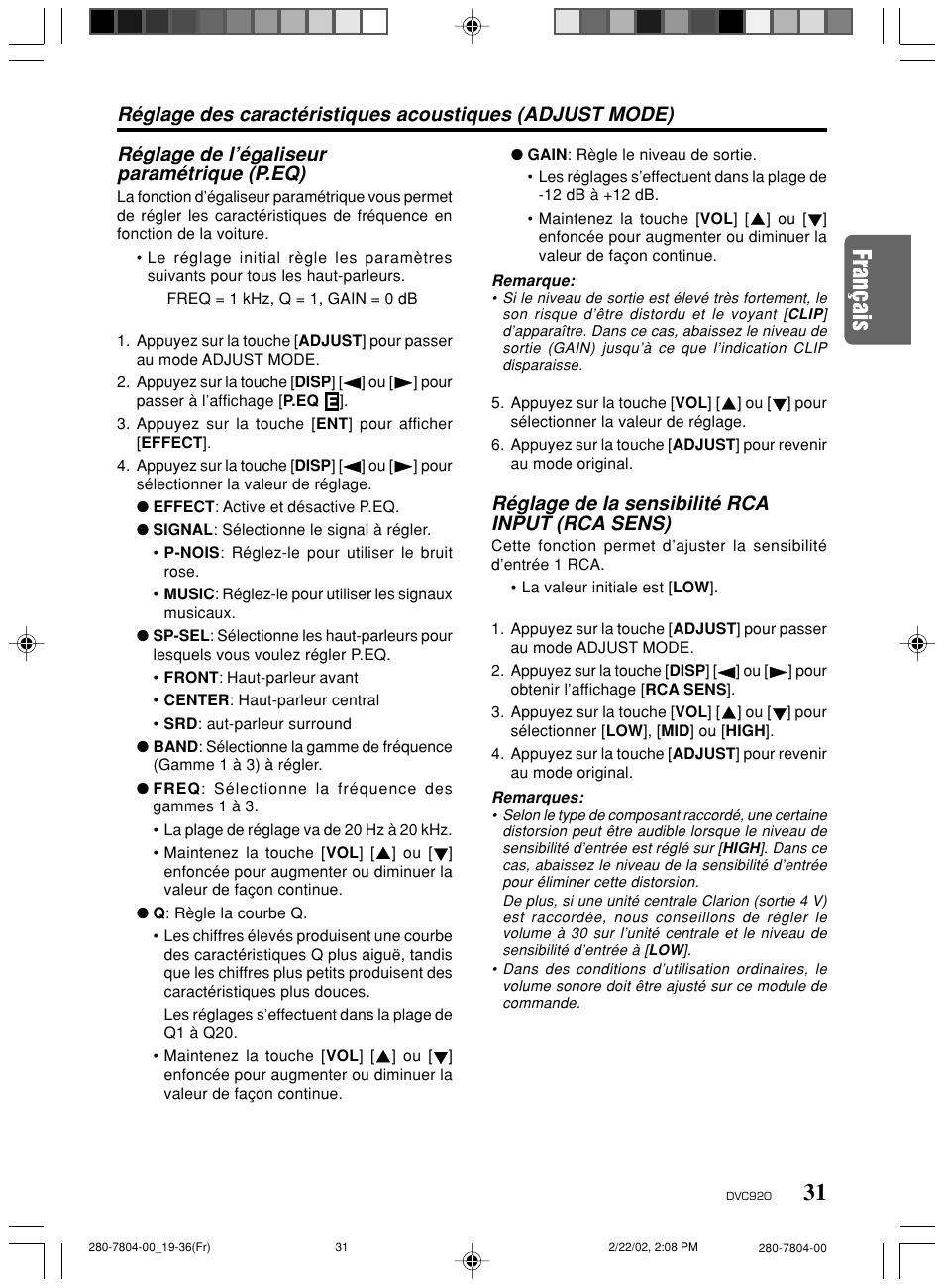 Réglage de la sensibilité rca input (rca sens) | Clarion DVC920 User Manual | Page 27 / 68