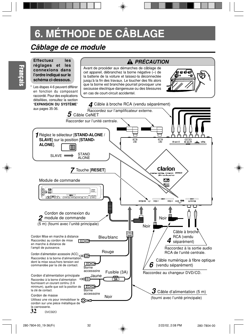 Méthode de câblage, Câblage de ce module, Précaution | Clarion DVC920 User Manual | Page 28 / 68