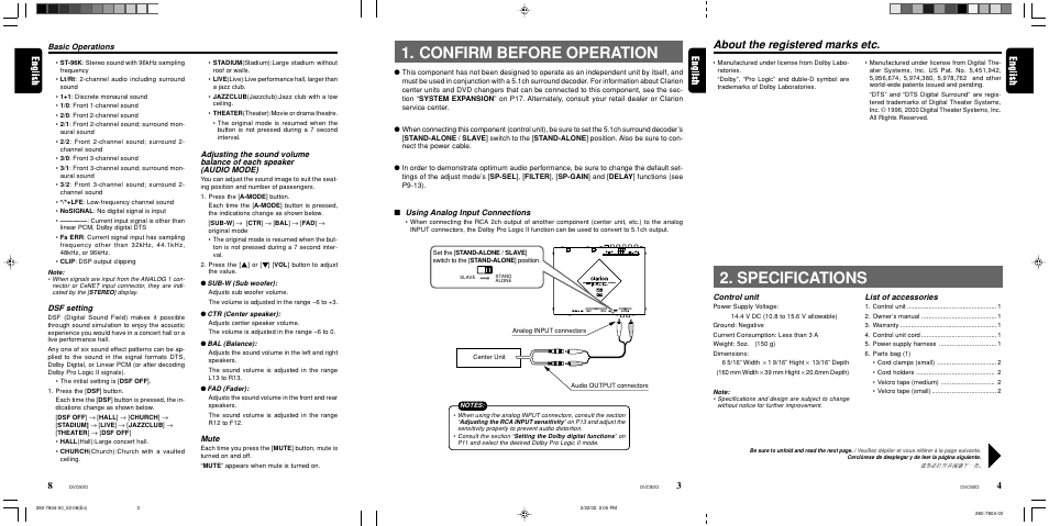 Confirm before operation, Specifications, About the registered marks etc | Basic operations, Dsf setting, Mute, Control unit, List of accessories, Using analog input connections | Clarion DVC920 User Manual | Page 3 / 68