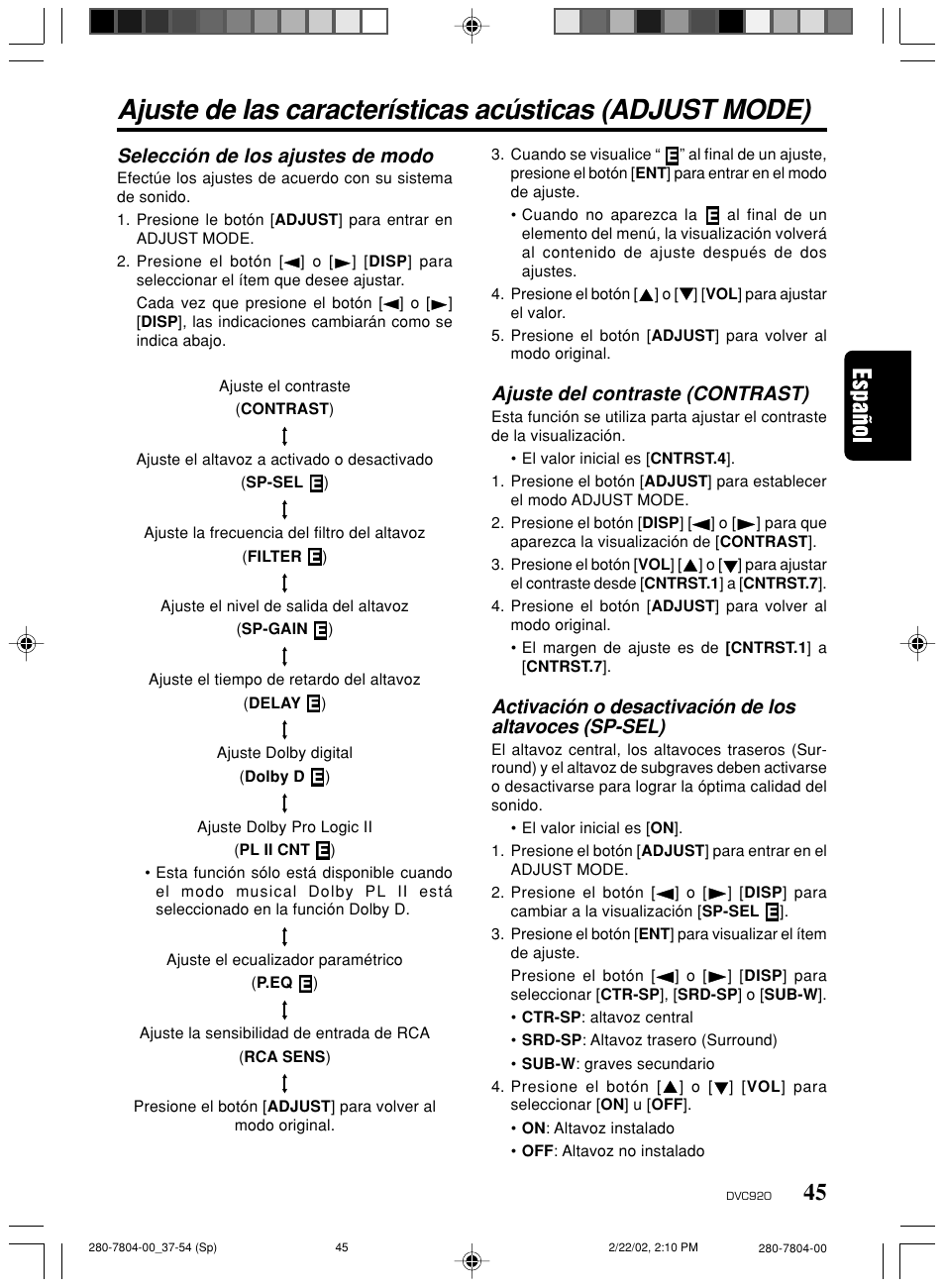 Selección de los ajustes de modo, Ajuste del contraste (contrast) | Clarion DVC920 User Manual | Page 41 / 68