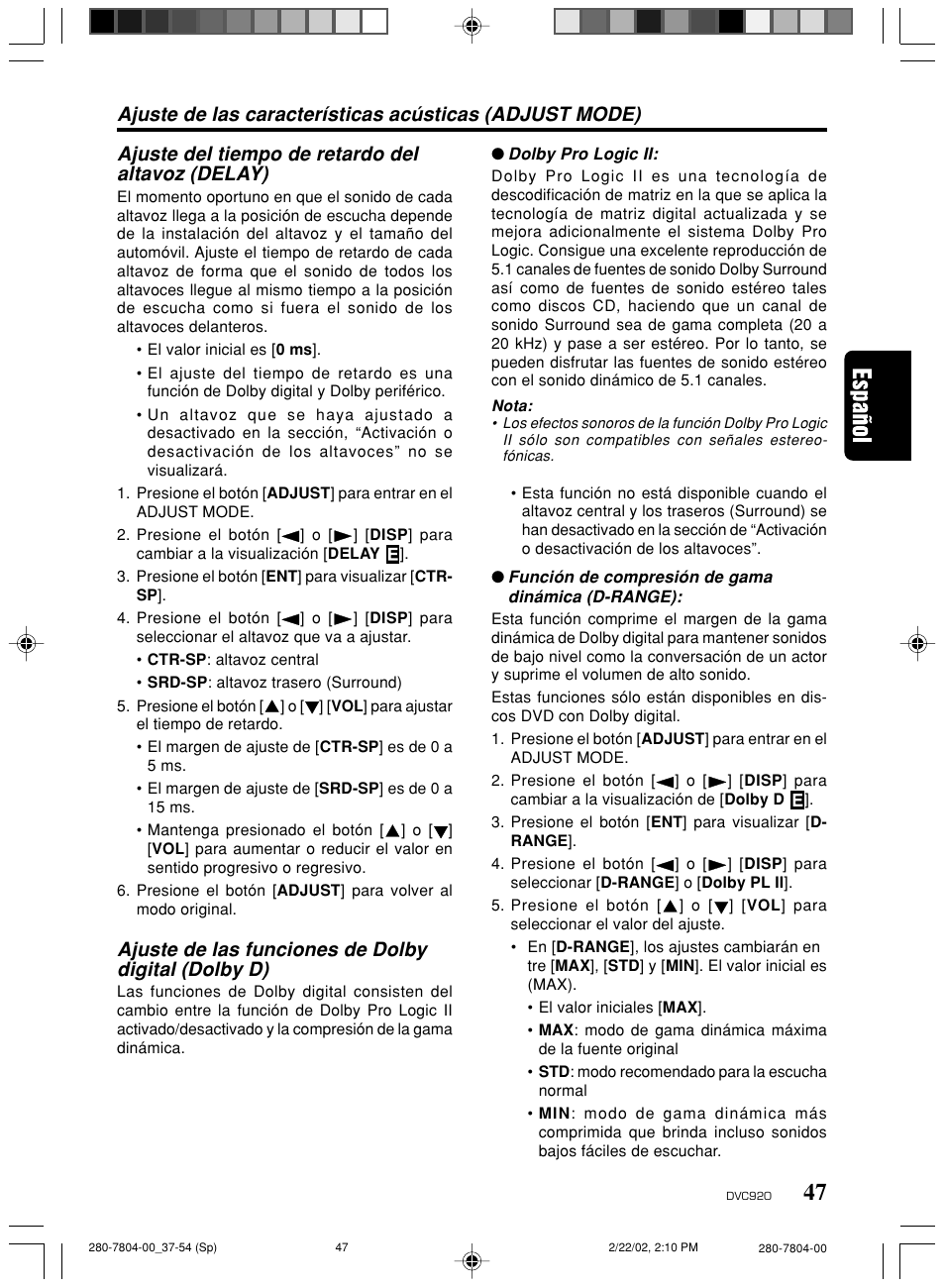 Ajuste de las funciones de dolby digital (dolby d) | Clarion DVC920 User Manual | Page 43 / 68