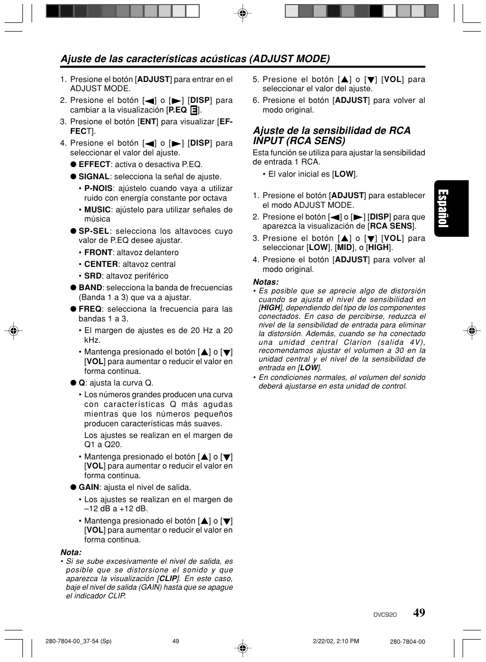 Ajuste de la sensibilidad de rca input (rca sens) | Clarion DVC920 User Manual | Page 45 / 68