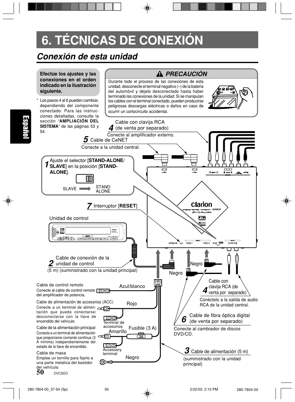 Técnicas de conexión, Conexión de esta unidad, Precaución | Clarion DVC920 User Manual | Page 46 / 68