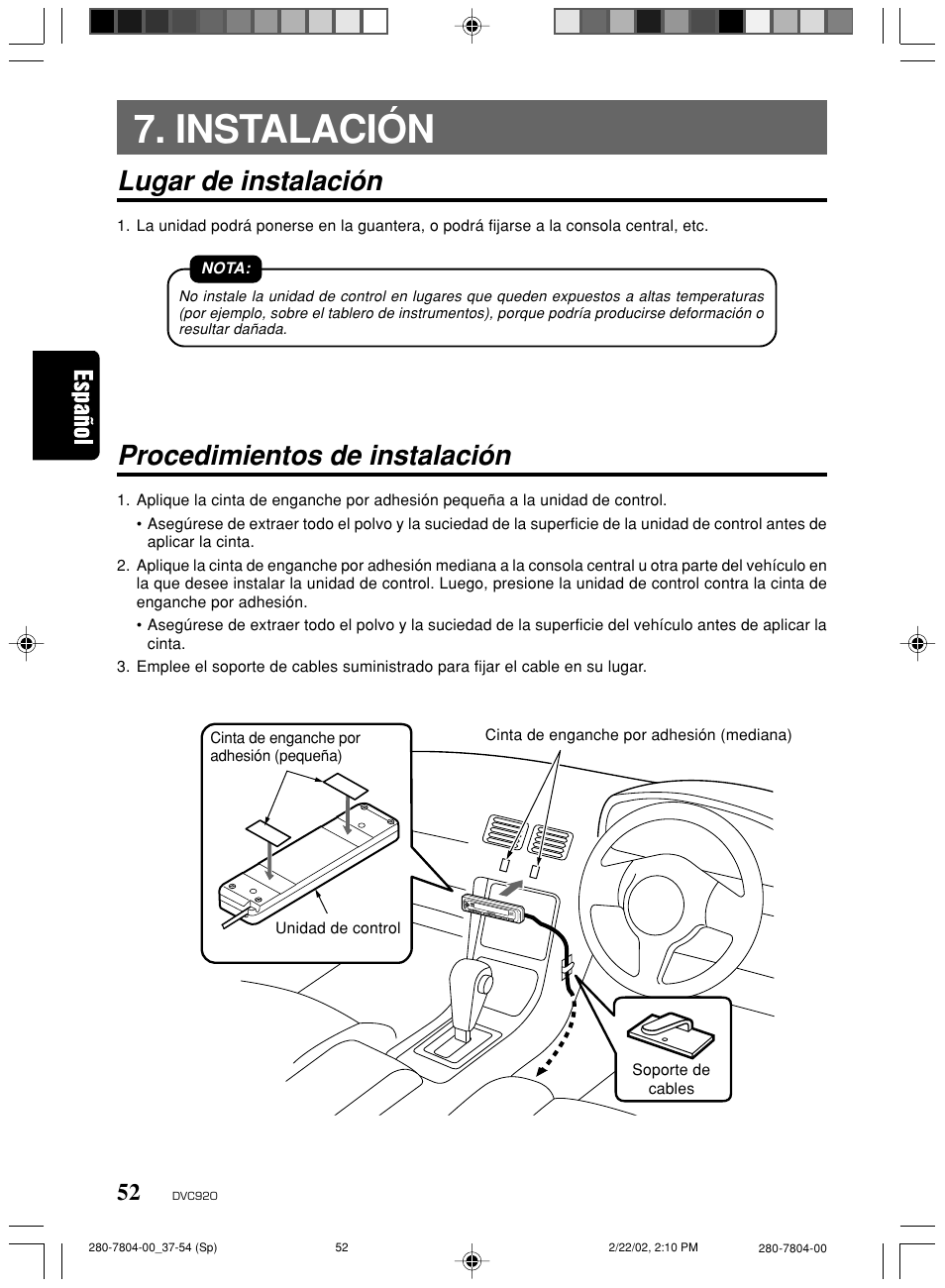 Instalación, Lugar de instalación, Procedimientos de instalación | Clarion DVC920 User Manual | Page 48 / 68