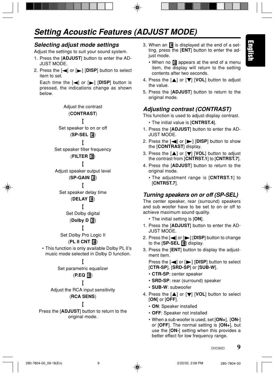 Setting acoustic features (adjust mode), Selecting adjust mode settings, Adjusting contrast (contrast) | Turning speakers on or off (sp-sel) | Clarion DVC920 User Manual | Page 5 / 68