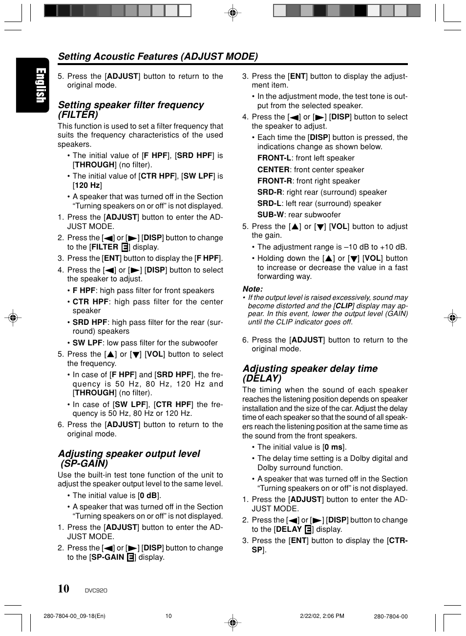 Setting acoustic features (adjust mode), Setting speaker filter frequency (filter), Adjusting speaker output level (sp-gain) | Adjusting speaker delay time (delay) | Clarion DVC920 User Manual | Page 6 / 68