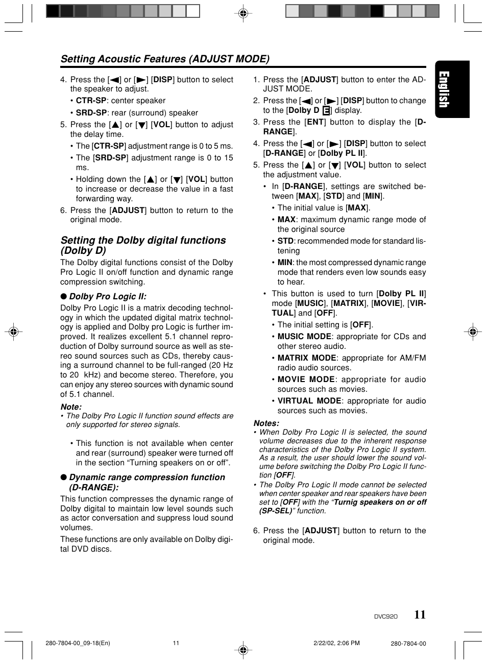 Setting acoustic features (adjust mode), Setting the dolby digital functions (dolby d) | Clarion DVC920 User Manual | Page 7 / 68