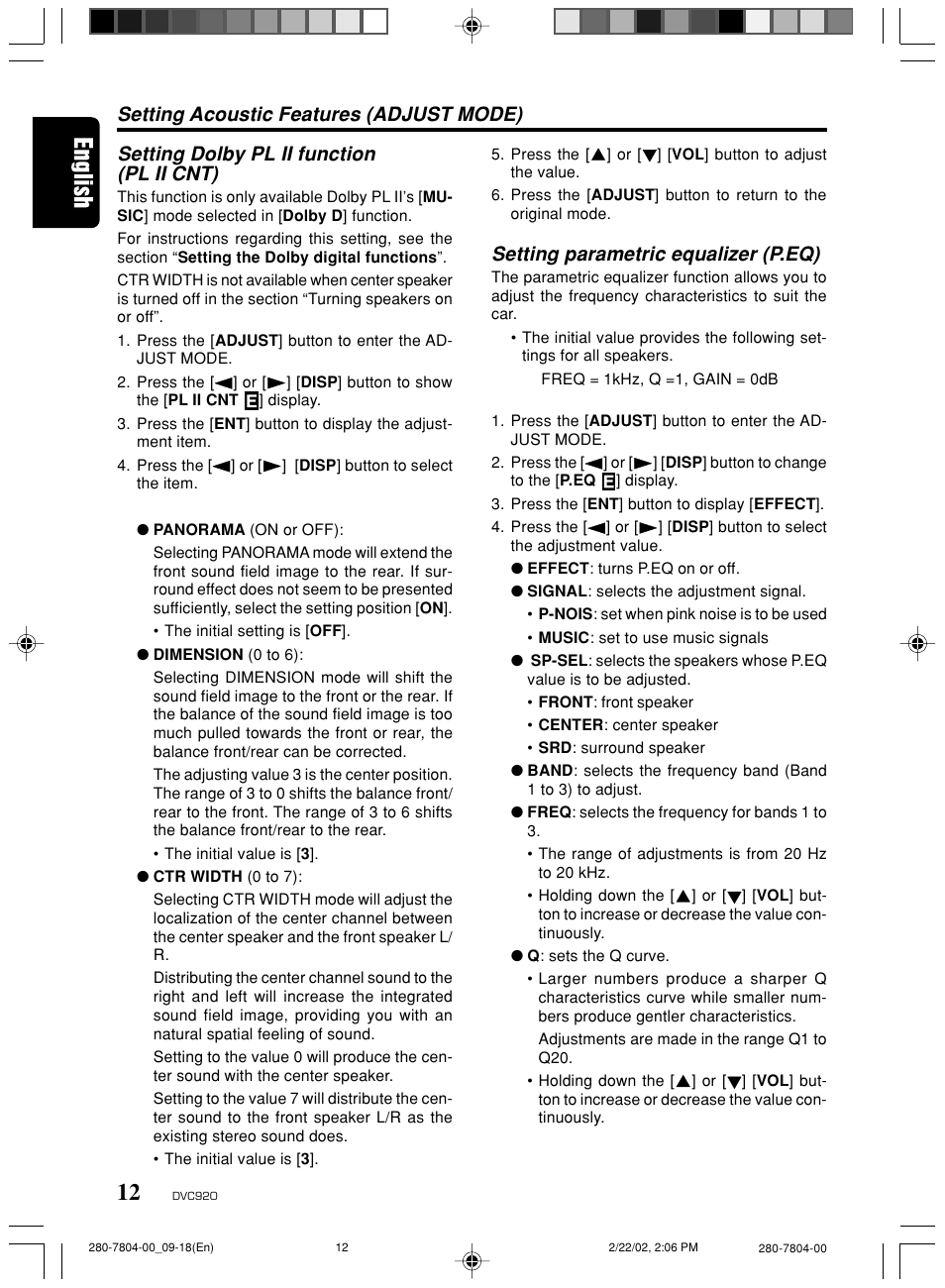 Setting parametric equalizer (p.eq) | Clarion DVC920 User Manual | Page 8 / 68