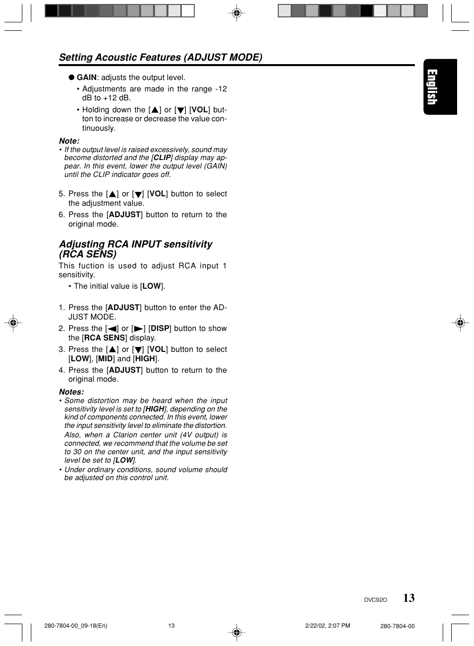 Setting acoustic features (adjust mode), Adjusting rca input sensitivity (rca sens) | Clarion DVC920 User Manual | Page 9 / 68