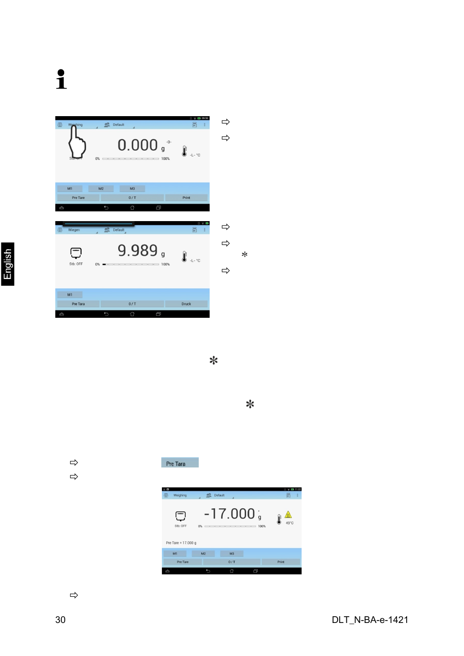 8 simple weighing / taring, 1 weighing, 2 taring | 3 default tare (pre tare) | KERN & SOHN DLT 100-3N User Manual | Page 30 / 77