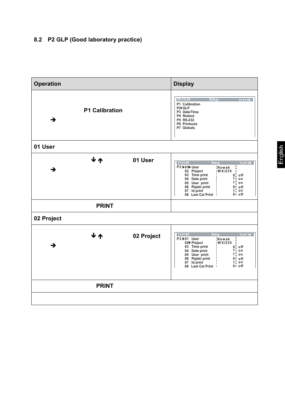 2 p2 glp (good laboratory practice), Confirm by pressing the print key, 02 project | KERN & SOHN MLS 50-3C User Manual | Page 33 / 83