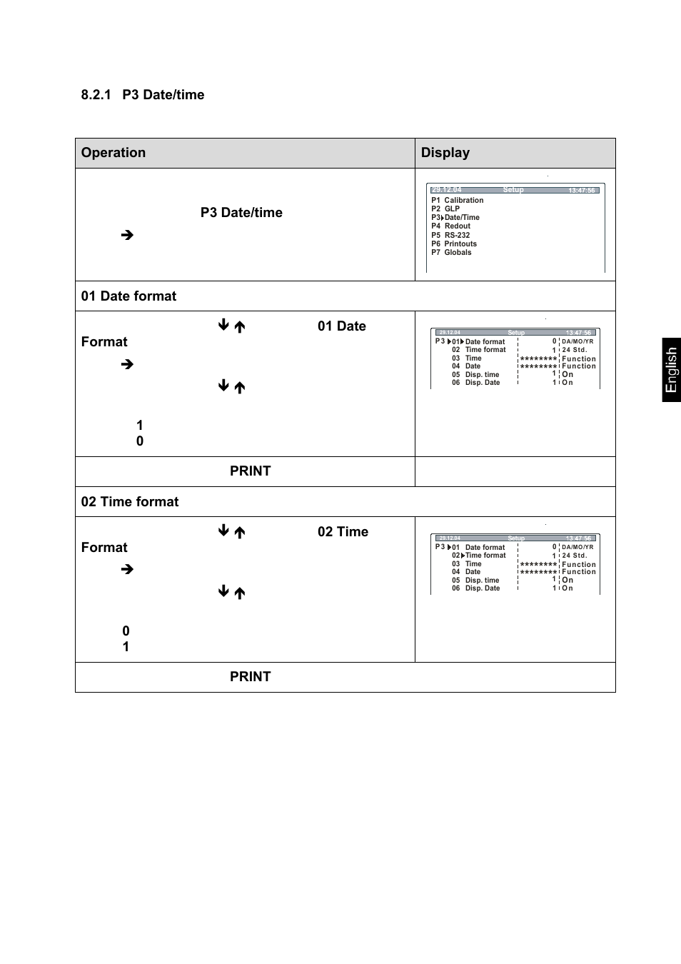1 p3 date/time, Confirm by pressing the print key, 02 time format | KERN & SOHN MLS 50-3C User Manual | Page 35 / 83