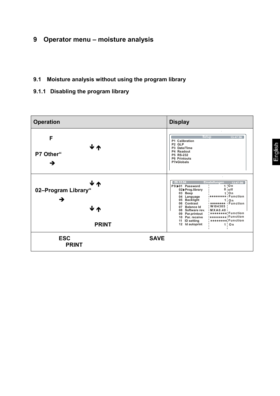 9 operator menu – moisture analysis, 1 disabling the program library | KERN & SOHN MLS 50-3C User Manual | Page 47 / 83