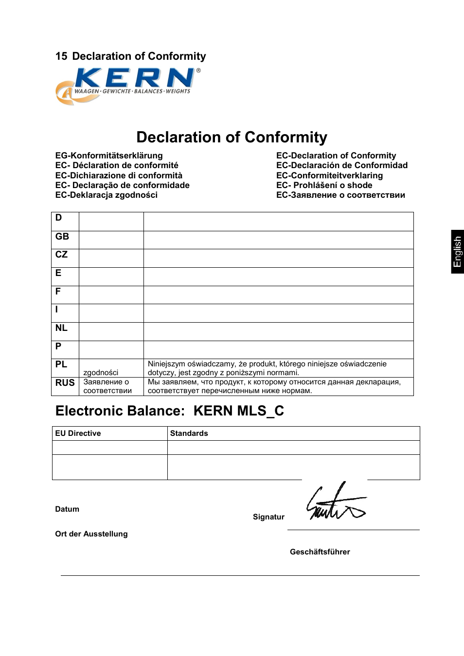 15 declaration of conformity, Declaration of conformity, Electronic balance: kern mls_c | KERN & SOHN MLS 50-3C User Manual | Page 83 / 83