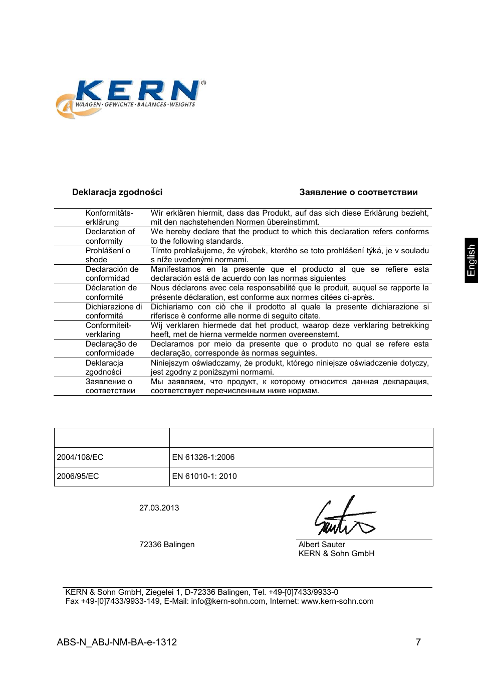 2 declaration of conformity, Electronic balance: kern abj-nm, abs-n, Declaration of conformity | KERN & SOHN ABJ 320-4NM User Manual | Page 7 / 96