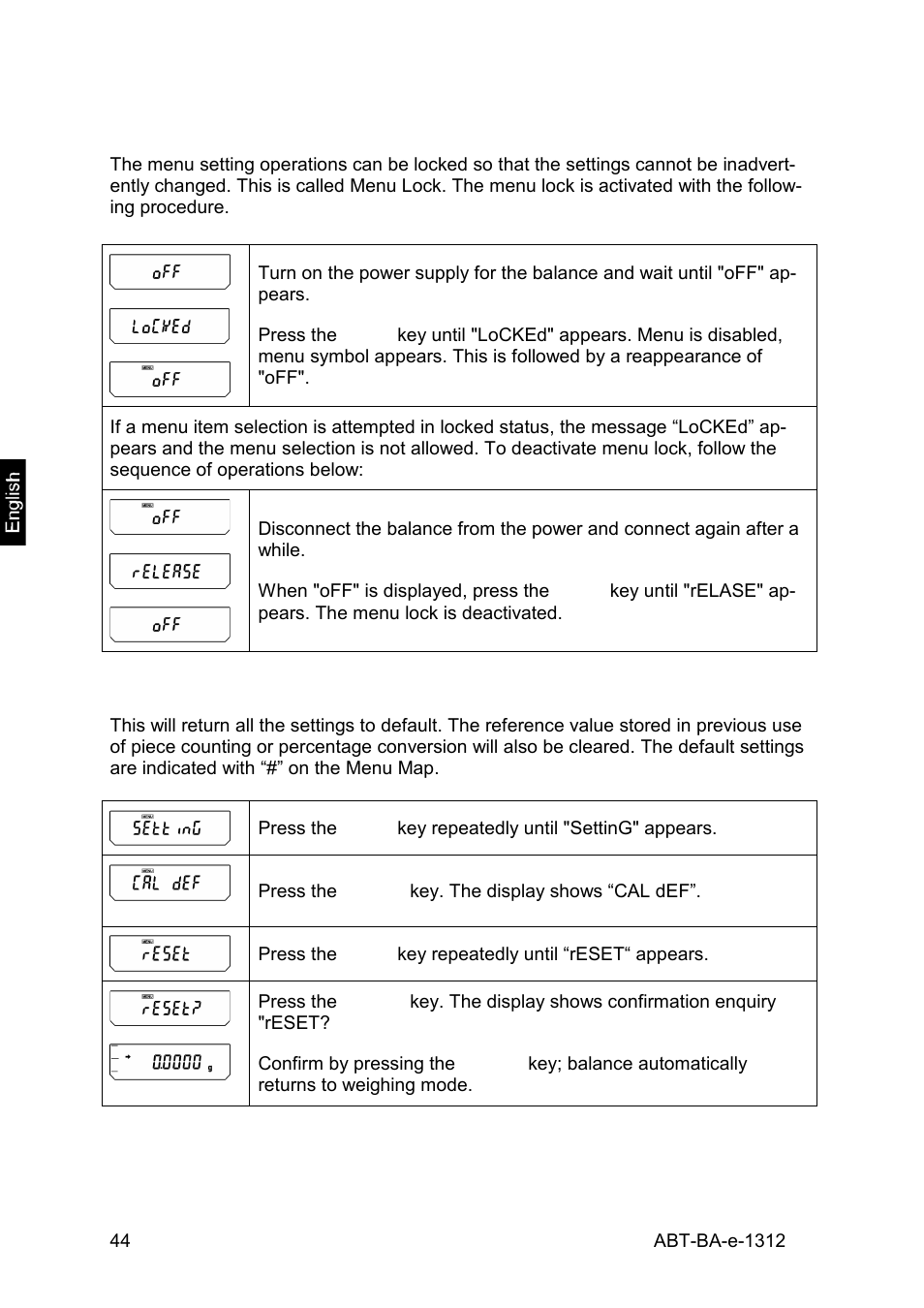 6 menu lock, 7 resetting the menu | KERN & SOHN ABT 220-5DM User Manual | Page 44 / 72