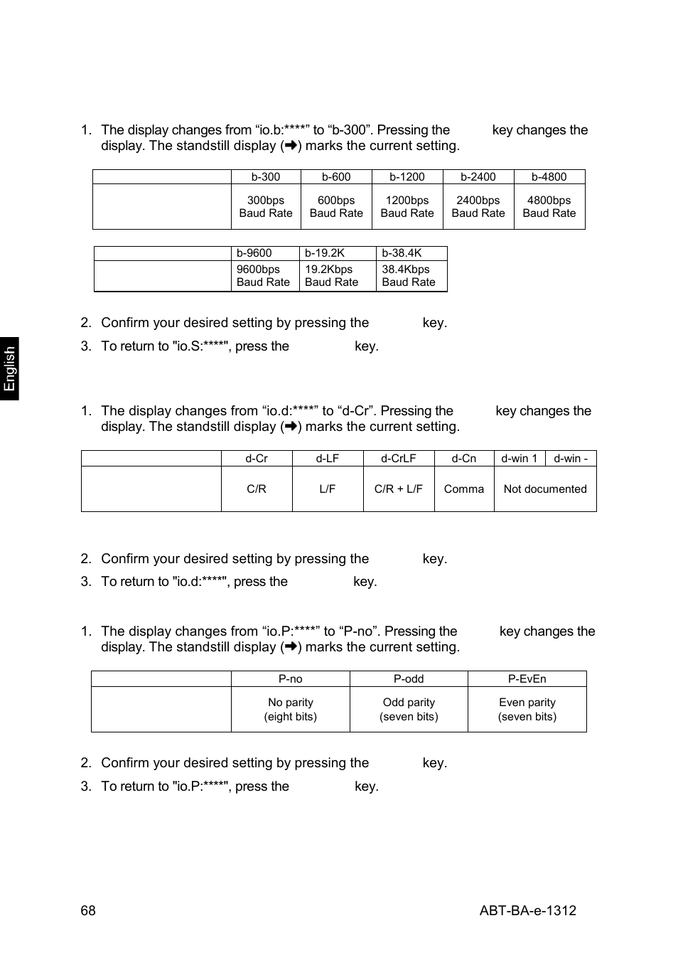 1 communication speed settings, 2 delimiter settings, 3 parity settings | KERN & SOHN ABT 220-5DM User Manual | Page 68 / 72