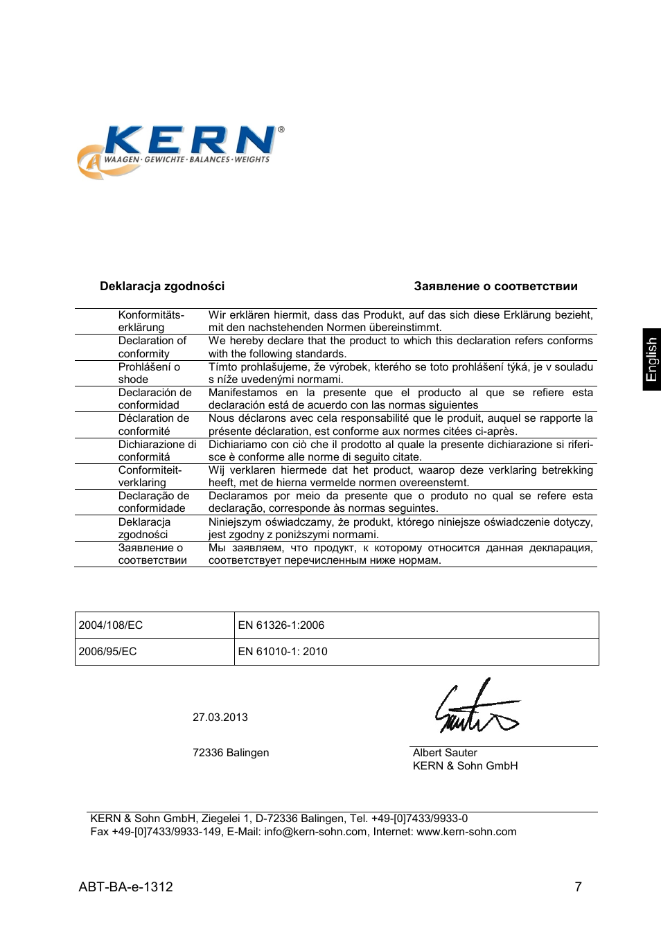 2 declaration of conformity, Declaration of conformity, Electronic balance: kern abt | KERN & SOHN ABT 220-5DM User Manual | Page 7 / 72
