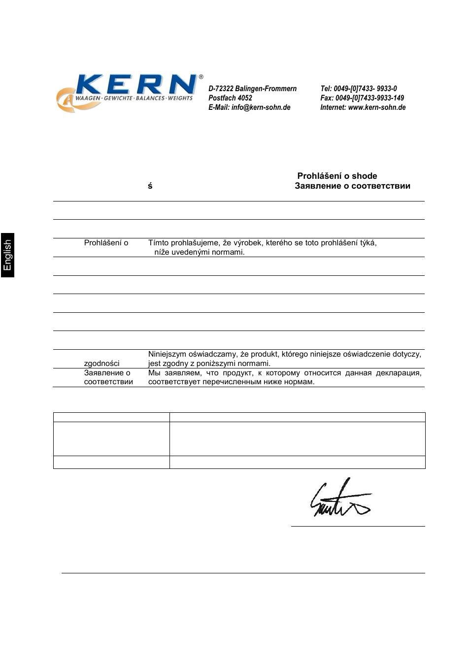 Declaration of conformity, 15 declaration of conformity, Electronic balance: kern als, alj, pls, plj, plj-m | KERN & SOHN ALJ 310-4A User Manual | Page 78 / 78