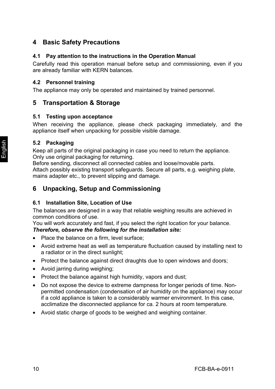 4 basic safety precautions, 2 personnel training, 5 transportation & storage | 1 testing upon acceptance, 2 packaging, 6 unpacking, setup and commissioning, 1 installation site, location of use, Basic safety precautions, Personnel training, Transportation & storage | KERN & SOHN FCB 24K2 User Manual | Page 10 / 36