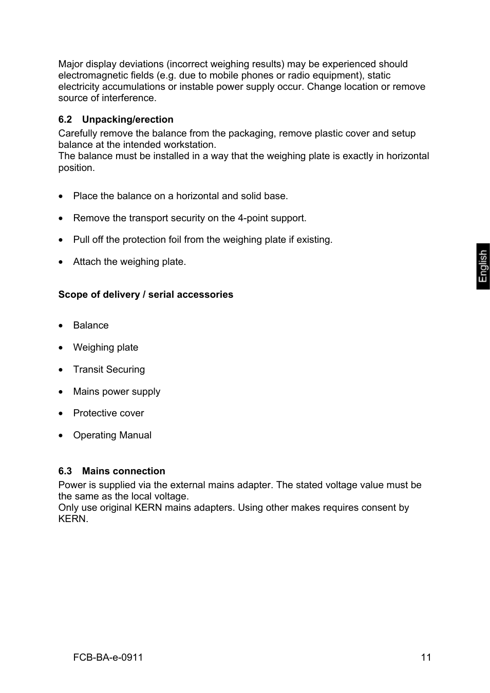 2 unpacking/erection, Scope of delivery / serial accessories, 3 mains connection | Unpacking/erection, Mains connection | KERN & SOHN FCB 24K2 User Manual | Page 11 / 36