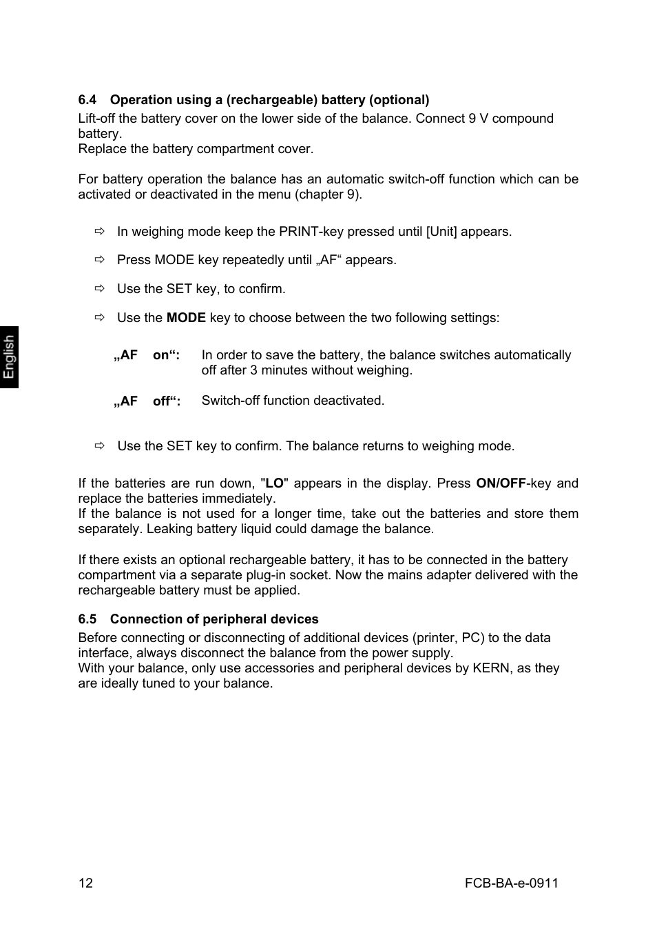 5 connection of peripheral devices, Connection of peripheral devices | KERN & SOHN FCB 24K2 User Manual | Page 12 / 36